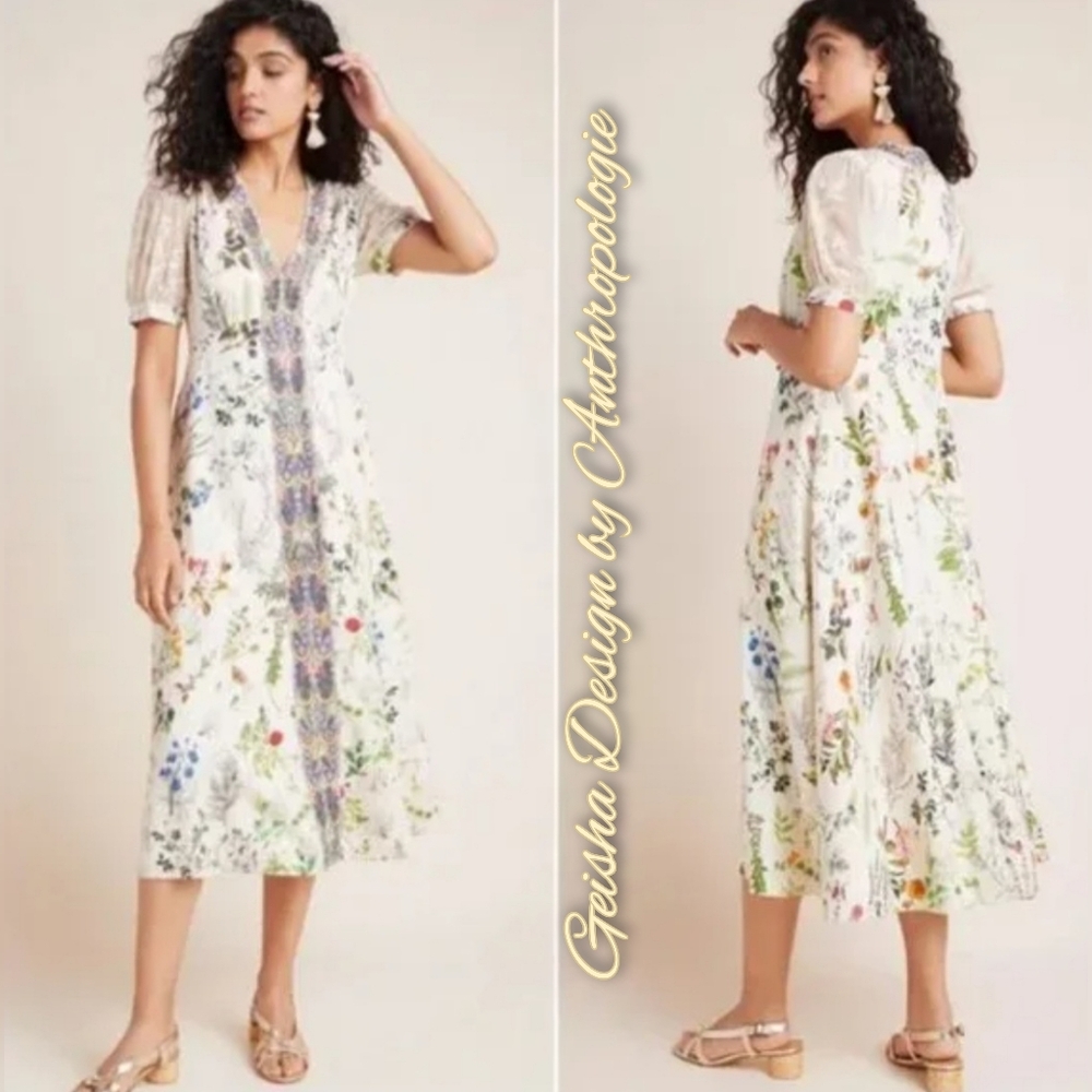 Anthropologie Floral Midi Dress - White